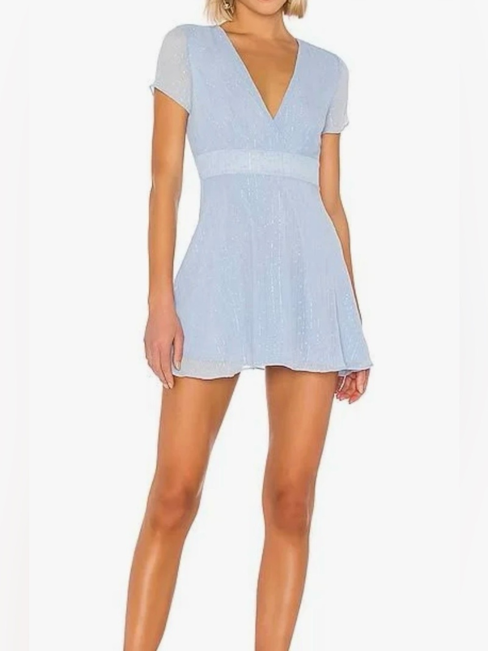 Revolve Superdown Bree Mini Dress Sky Blue Chiffon Metallic Swiss Dot Size S